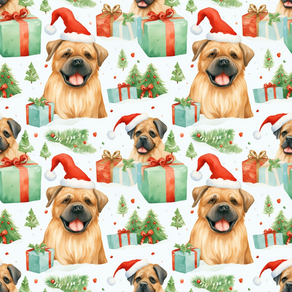 christmas dogs, santa hats, puppy faces, gift boxes, pine trees, red ribbons, green presents, watercolor style, holiday pattern,, fabric panel, festive design, winter theme, cute animals, repeating motif, red accents, green foliage, wrapped gifts, cheerful mood, seasonal print
