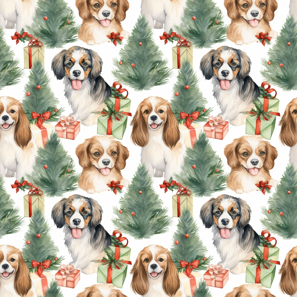 christmas dogs, puppy faces, evergreen trees, gift boxes, red ribbons, green foliage, brown spaniel, tricolor dog, watercolor style, holiday pattern,, fabric panel, festive theme, pine branches, wrapped presents, dog portraits, seasonal design, repeating motif, cream background, christmas decor