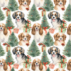 christmas dogs, puppy faces, evergreen trees, gift boxes, red ribbons, green foliage, brown spaniel, tricolor dog, watercolor style, holiday pattern,, fabric panel, festive theme, pine branches, wrapped presents, dog portraits, seasonal design, repeating motif, cream background, christmas decor