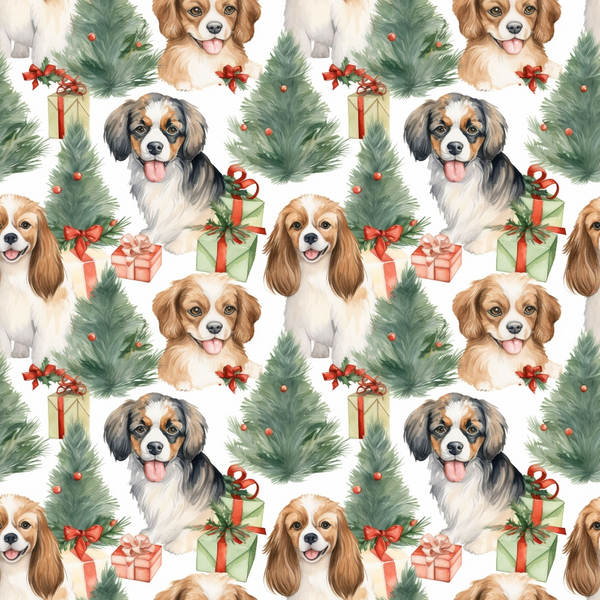 christmas dogs, puppy faces, evergreen trees, gift boxes, red ribbons, green foliage, brown spaniel, tricolor dog, watercolor style, holiday pattern,, fabric panel, festive theme, pine branches, wrapped presents, dog portraits, seasonal design, repeating motif, cream background, christmas decor