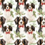 christmas dogs, puppy faces, red bow ties, pine branches, berries, evergreen foliage, pinecones, white background, brown markings, black ears, watercolor style, holiday pattern,, fabric panel, festive design, winter theme, repeating motif, coral red, forest green, tricolor dogs