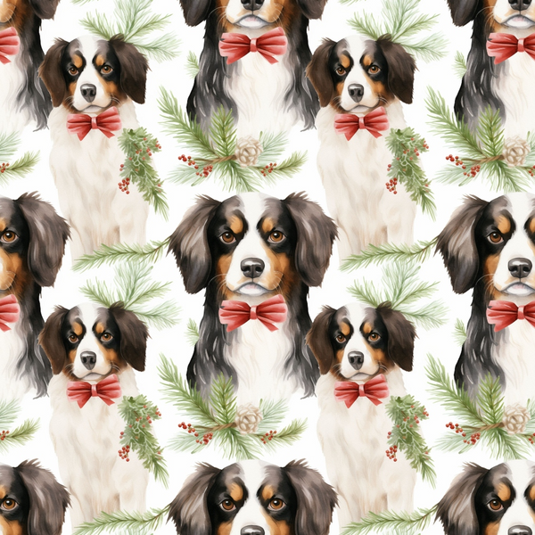 christmas dogs, puppy faces, red bow ties, pine branches, berries, evergreen foliage, pinecones, white background, brown markings, black ears, watercolor style, holiday pattern,, fabric panel, festive design, winter theme, repeating motif, coral red, forest green, tricolor dogs