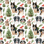 christmas dogs, santa hats, puppy faces, watercolor style, festive pattern,, fabric panel, holiday theme, evergreen trees, pine branches, red santa hats, brown dogs, black dogs, white background, repeating pattern, seasonal fabric, winter motif, cheerful puppies, christmas greenery, holly berries