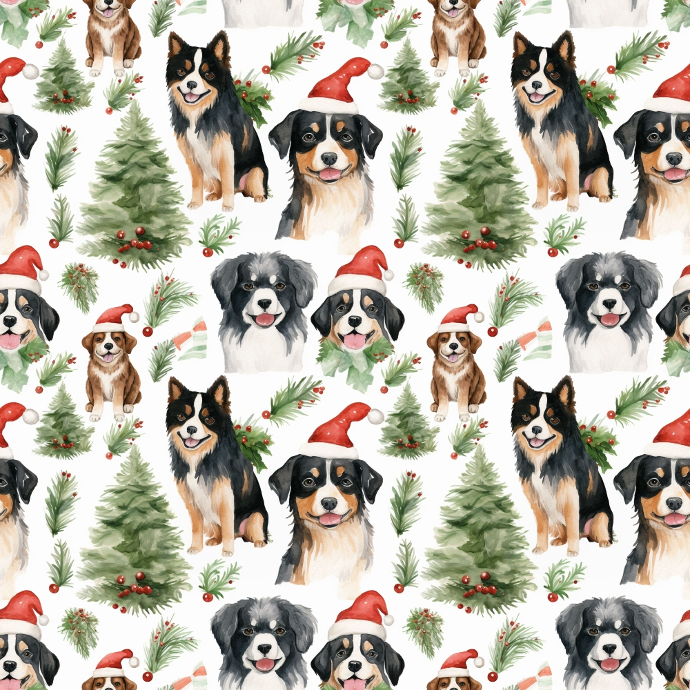 christmas dogs, santa hats, puppy faces, watercolor style, festive pattern,, fabric panel, holiday theme, evergreen trees, pine branches, red santa hats, brown dogs, black dogs, white background, repeating pattern, seasonal fabric, winter motif, cheerful puppies, christmas greenery, holly berries