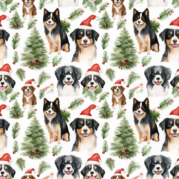 christmas dogs, santa hats, puppy faces, watercolor style, festive pattern,, fabric panel, holiday theme, evergreen trees, pine branches, red santa hats, brown dogs, black dogs, white background, repeating pattern, seasonal fabric, winter motif, cheerful puppies, christmas greenery, holly berries