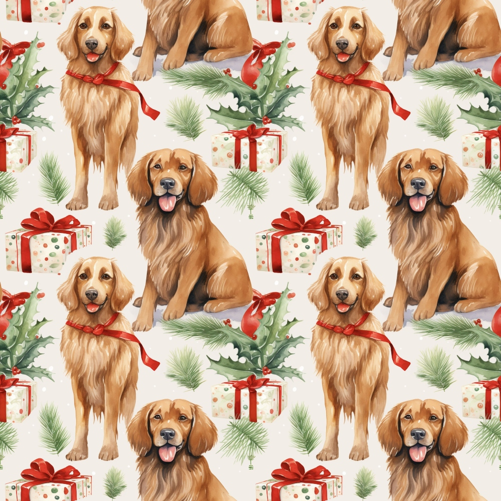christmas puppies, golden retrievers, red ribbons, gift boxes, holly leaves, pine needles, watercolor style, repeating pattern,, fabric panel, festive dogs, holiday theme, cream background, green foliage, red bows, sitting dogs, christmas presents, seasonal fabric, pet motifs, winter holidays