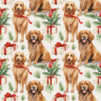 christmas puppies, golden retrievers, red ribbons, gift boxes, holly leaves, pine needles, watercolor style, repeating pattern,, fabric panel, festive dogs, holiday theme, cream background, green foliage, red bows, sitting dogs, christmas presents, seasonal fabric, pet motifs, winter holidays