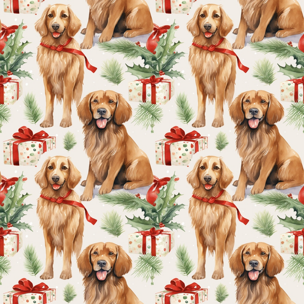 christmas puppies, golden retrievers, red ribbons, gift boxes, holly leaves, pine needles, watercolor style, repeating pattern,, fabric panel, festive dogs, holiday theme, cream background, green foliage, red bows, sitting dogs, christmas presents, seasonal fabric, pet motifs, winter holidays
