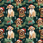 christmas dogs, santa hats, golden retriever, brown puppies, forest green background, holly leaves, red berries, candy canes, pine branches, evergreen trees, festive pattern, holiday theme,, fabric panel, repeating design, winter decorations, cheerful mood, pet illustration, seasonal fabric, christmas wreath