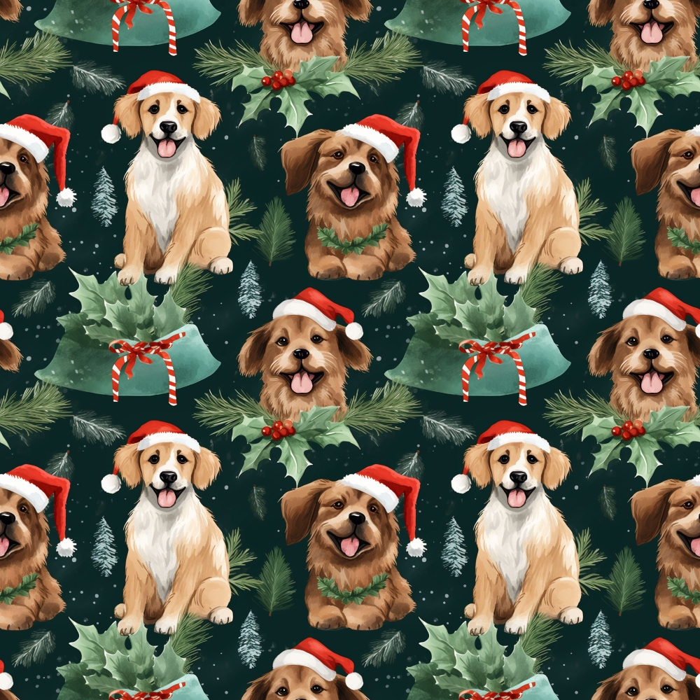 christmas dogs, santa hats, golden retriever, brown puppies, forest green background, holly leaves, red berries, candy canes, pine branches, evergreen trees, festive pattern, holiday theme,, fabric panel, repeating design, winter decorations, cheerful mood, pet illustration, seasonal fabric, christmas wreath