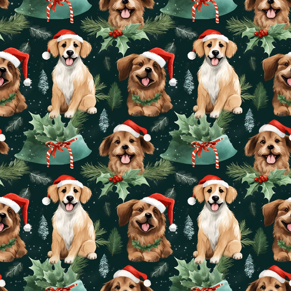 christmas dogs, santa hats, golden retriever, brown puppies, forest green background, holly leaves, red berries, candy canes, pine branches, evergreen trees, festive pattern, holiday theme,, fabric panel, repeating design, winter decorations, cheerful mood, pet illustration, seasonal fabric, christmas wreath