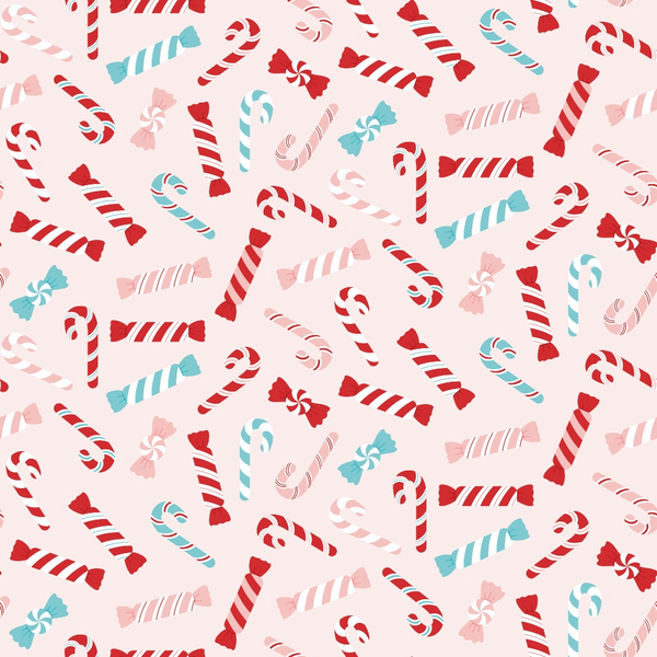 candy canes, peppermint swirls, striped candies, wrapped candy, christmas treats, red and white stripes, turquoise blue, pink candy, festive sweets, holiday pattern, scattered design,, fabric panel, christmas theme, candy wrapper pattern, mint candies, holiday confections, sweet treats, festive colors, repeating pattern