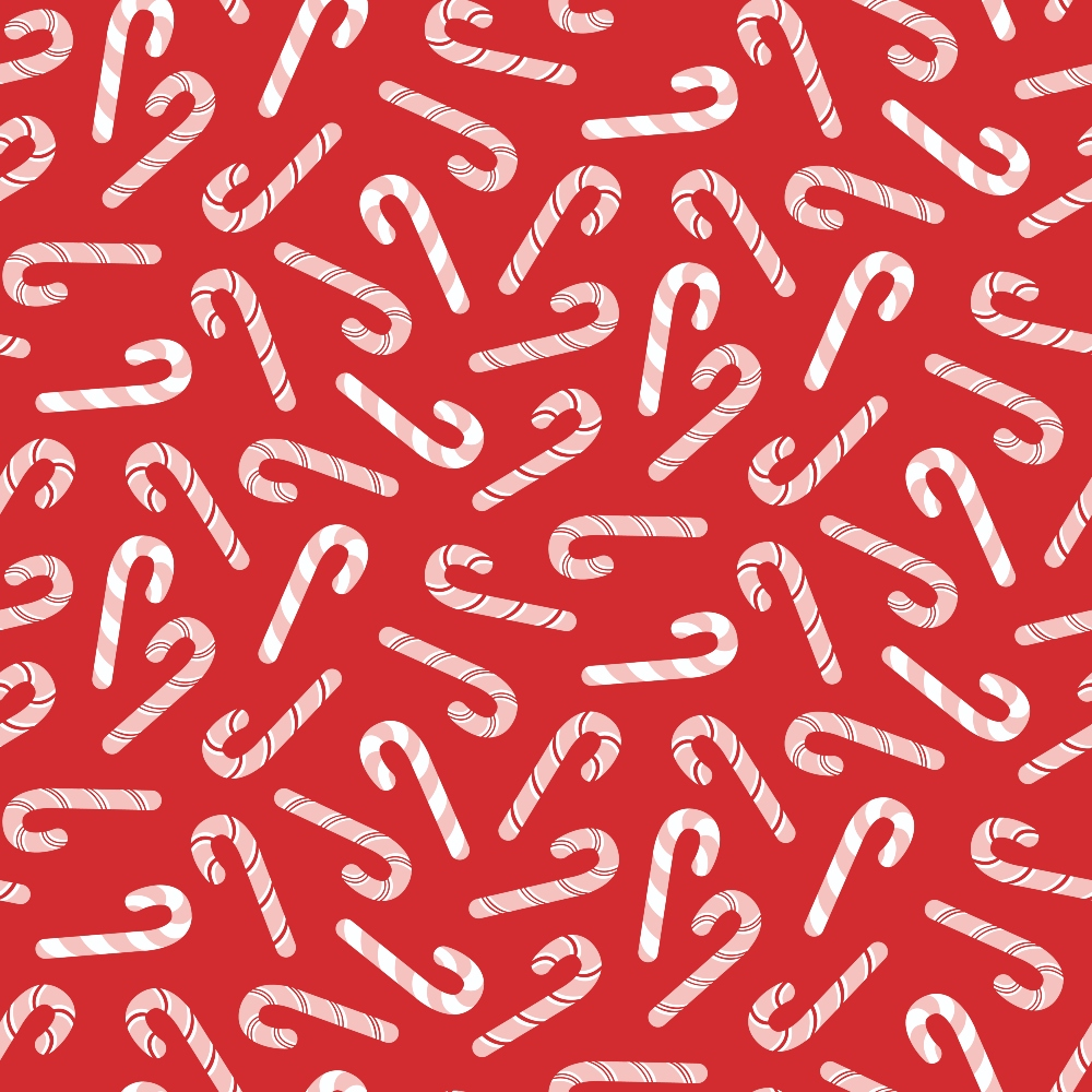 red background, candy canes, peppermint stripes, white stripes, christmas pattern, holiday motif, scattered design,, fabric panel, festive treats, winter theme, repeating pattern, confectionery design, seasonal fabric, craft material, sewing supplies, bright colors, cheerful mood, candy design