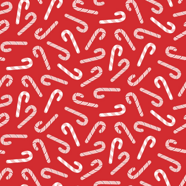 red background, candy canes, peppermint stripes, white stripes, christmas pattern, holiday motif, scattered design,, fabric panel, festive treats, winter theme, repeating pattern, confectionery design, seasonal fabric, craft material, sewing supplies, bright colors, cheerful mood, candy design