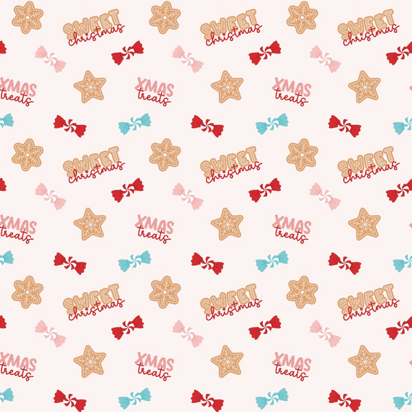 christmas candy, gingerbread cookies, star cookies, peppermint candies, sweet treats, red candies, pink candies, turquoise candies, brown cookies, pale pink background, repeating pattern, festive sweets, holiday desserts,, fabric panel, christmas theme, candy pattern, baking motifs, winter treats, holiday confections