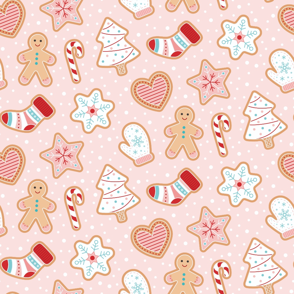 pink background, gingerbread cookies, candy canes, christmas stockings, snowflake cookies, heart cookies, christmas tree cookies, mitten cookies, polka dots, festive treats, holiday baking, cute illustrations, whimsical style,, fabric panel, christmas theme, sweet treats, cookie pattern, holiday cookies, cheerful design