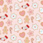 pink background, gingerbread cookies, candy canes, christmas stockings, snowflake cookies, heart cookies, christmas tree cookies, mitten cookies, polka dots, festive treats, holiday baking, cute illustrations, whimsical style,, fabric panel, christmas theme, sweet treats, cookie pattern, holiday cookies, cheerful design