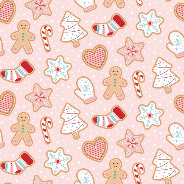pink background, gingerbread cookies, candy canes, christmas stockings, snowflake cookies, heart cookies, christmas tree cookies, mitten cookies, polka dots, festive treats, holiday baking, cute illustrations, whimsical style,, fabric panel, christmas theme, sweet treats, cookie pattern, holiday cookies, cheerful design