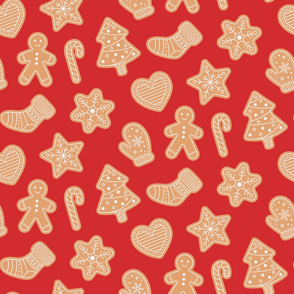 red background, gingerbread cookies, candy canes, christmas stockings, snowflake cookies, heart cookies, christmas tree cookies, mitten cookies, brown cookies, white icing details, holiday treats, festive pattern, repeating design,, fabric panel, christmas theme, holiday baking, cookie pattern, seasonal motifs, cheerful design