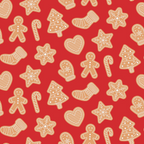 red background, gingerbread cookies, candy canes, christmas stockings, snowflake cookies, heart cookies, christmas tree cookies, mitten cookies, brown cookies, white icing details, holiday treats, festive pattern, repeating design,, fabric panel, christmas theme, holiday baking, cookie pattern, seasonal motifs, cheerful design