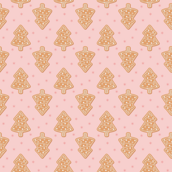 pink background, gingerbread cookies, christmas trees, diamond shapes, orange brown, white dots, holiday pattern, festive design,, fabric panel, sweet treats, cookie design, winter theme, repeating pattern, craft fabric, sewing material, christmas motifs, bakery theme, geometric arrangement, seasonal fabric