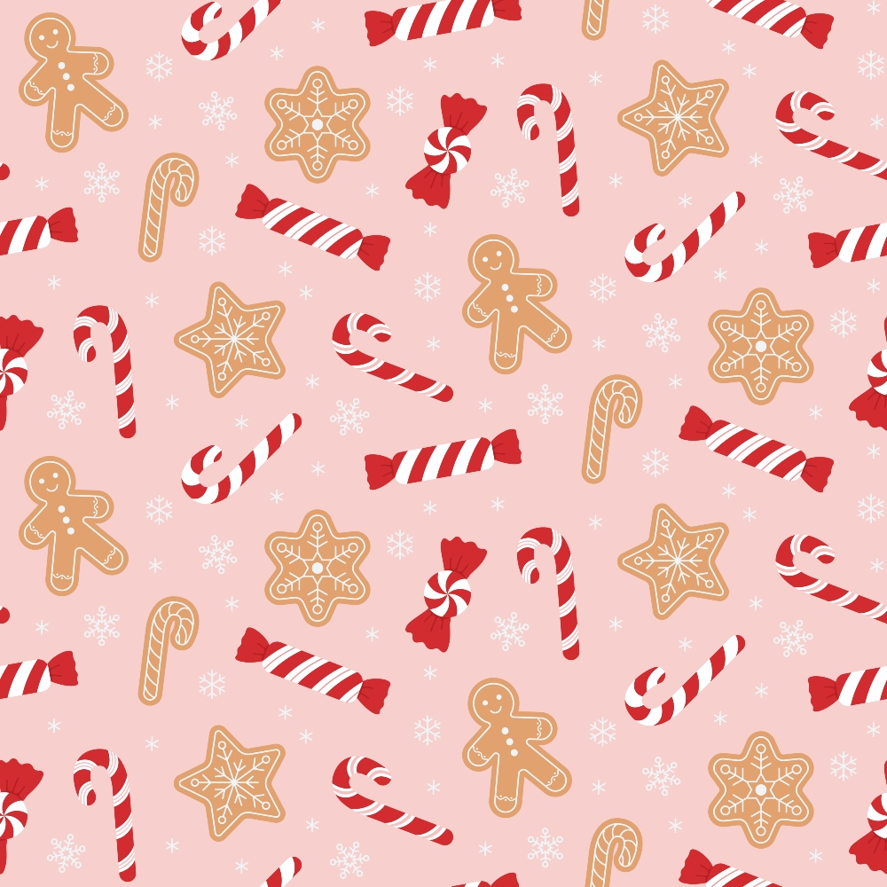 blush pink, candy canes, gingerbread cookies, snowflakes, star cookies, peppermint swirls, red white stripes, christmas treats, holiday sweets,, fabric panel, festive pattern, bakery theme, winter holidays, cookie designs, candy pattern, cheerful mood, repeating motifs, seasonal fabric, craft material
