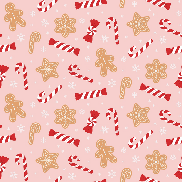 blush pink, candy canes, gingerbread cookies, snowflakes, star cookies, peppermint swirls, red white stripes, christmas treats, holiday sweets,, fabric panel, festive pattern, bakery theme, winter holidays, cookie designs, candy pattern, cheerful mood, repeating motifs, seasonal fabric, craft material