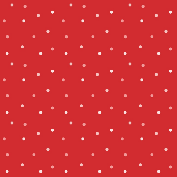red background, white dots, polka dot pattern, scattered circles, christmas themed, holiday fabric,, fabric panel, festive colors, geometric pattern, repeating design, seasonal fabric, craft material, sewing fabric, bright red, cheerful pattern, winter theme, holiday crafting