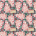christmas tree cakes, red icing, white cake, green sprinkles, black gingham, checkered background, red stars, green stars, holiday treats, snack cakes, festive food,, repeating pattern, christmas theme, holiday fabric, bakery items, dessert pattern, winter treats, fabric panel, cotton fabric