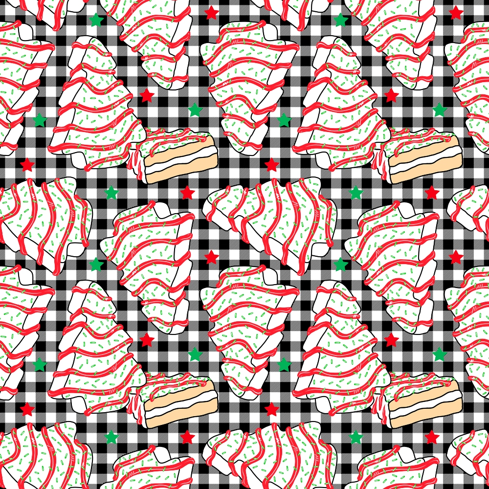christmas tree cakes, red icing, white cake, green sprinkles, black gingham, checkered background, red stars, green stars, holiday treats, snack cakes, festive food,, repeating pattern, christmas theme, holiday fabric, bakery items, dessert pattern, winter treats, fabric panel, cotton fabric