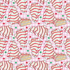pink gingham, christmas tree cakes, snack cakes, red ribbons, green stars, red stars, festive treats, holiday sweets,, fabric panel, christmas pattern, pink background, bakery goods, holiday desserts, repeating pattern, festive food, christmas theme, sweet treats, cotton fabric