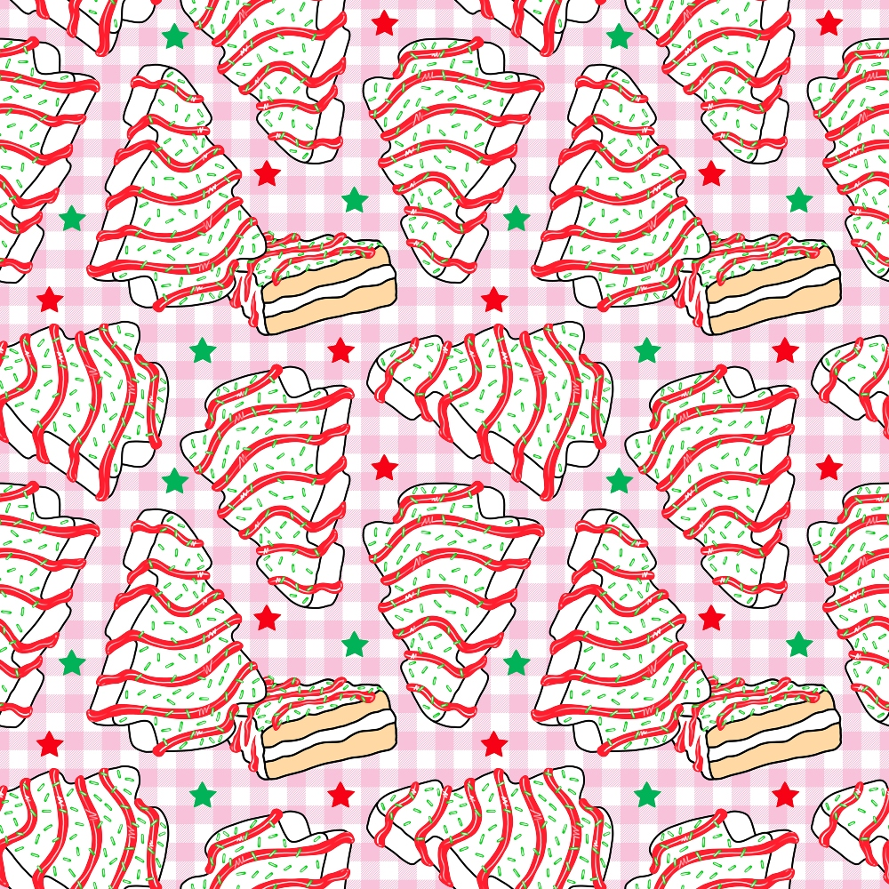 pink gingham, christmas tree cakes, snack cakes, red ribbons, green stars, red stars, festive treats, holiday sweets,, fabric panel, christmas pattern, pink background, bakery goods, holiday desserts, repeating pattern, festive food, christmas theme, sweet treats, cotton fabric