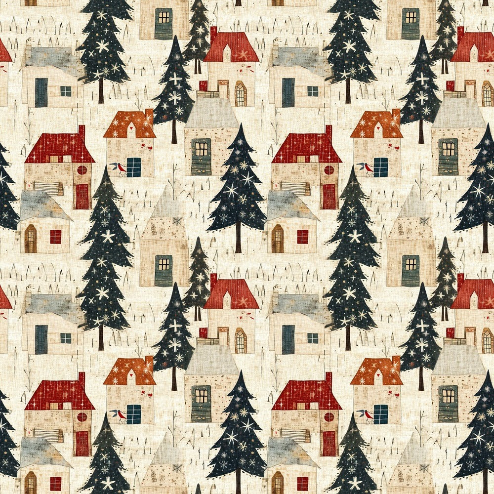 christmas village,, fabric panel, winter scene, snowy houses, evergreen trees, dark green, cream background, red roofs, charming cottages, holiday pattern, festive design, rustic style, cozy village, snow covered, pine trees, winter wonderland, repeating pattern, seasonal fabric, folk art