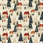 christmas village,, fabric panel, winter scene, snowy houses, evergreen trees, dark green, cream background, red roofs, charming cottages, holiday pattern, festive design, rustic style, cozy village, snow covered, pine trees, winter wonderland, repeating pattern, seasonal fabric, folk art