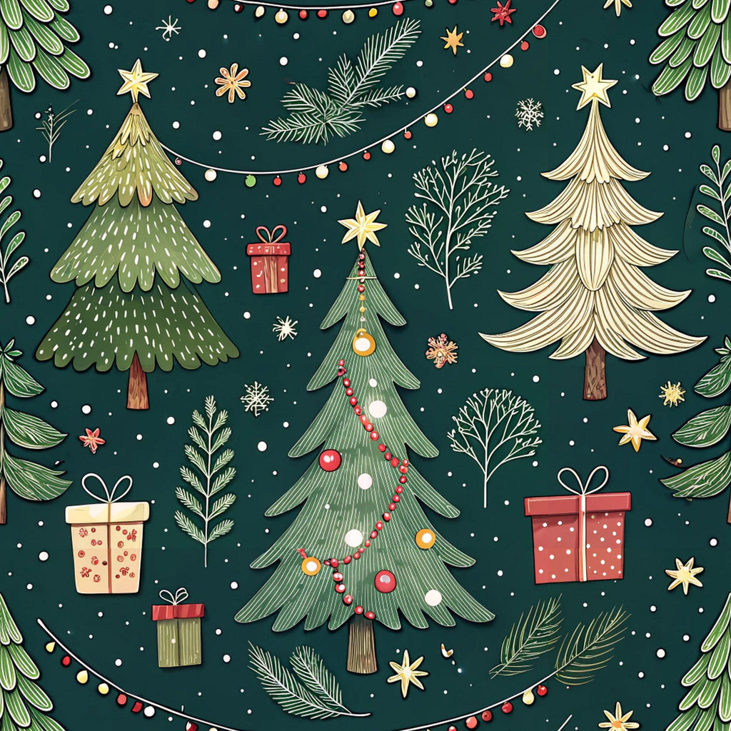 forest green, cream, red, gold, christmas trees, gift boxes, ornament balls, string lights, pine branches, snowflakes, stars, festive pattern, holiday design, winter theme,, fabric panel, whimsical illustration, decorated trees, christmas ornaments, seasonal motif