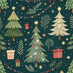 forest green, cream, red, gold, christmas trees, gift boxes, ornament balls, string lights, pine branches, snowflakes, stars, festive pattern, holiday design, winter theme,, fabric panel, whimsical illustration, decorated trees, christmas ornaments, seasonal motif