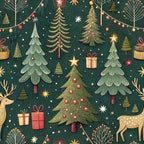 forest green, christmas trees, reindeer, gift boxes, string lights, ornaments, stars, snowflakes, red ornaments, gold accents, winter pattern, holiday fabric,, fabric panel, festive design, woodland christmas, decorated trees, present boxes, holiday lights, seasonal motifs