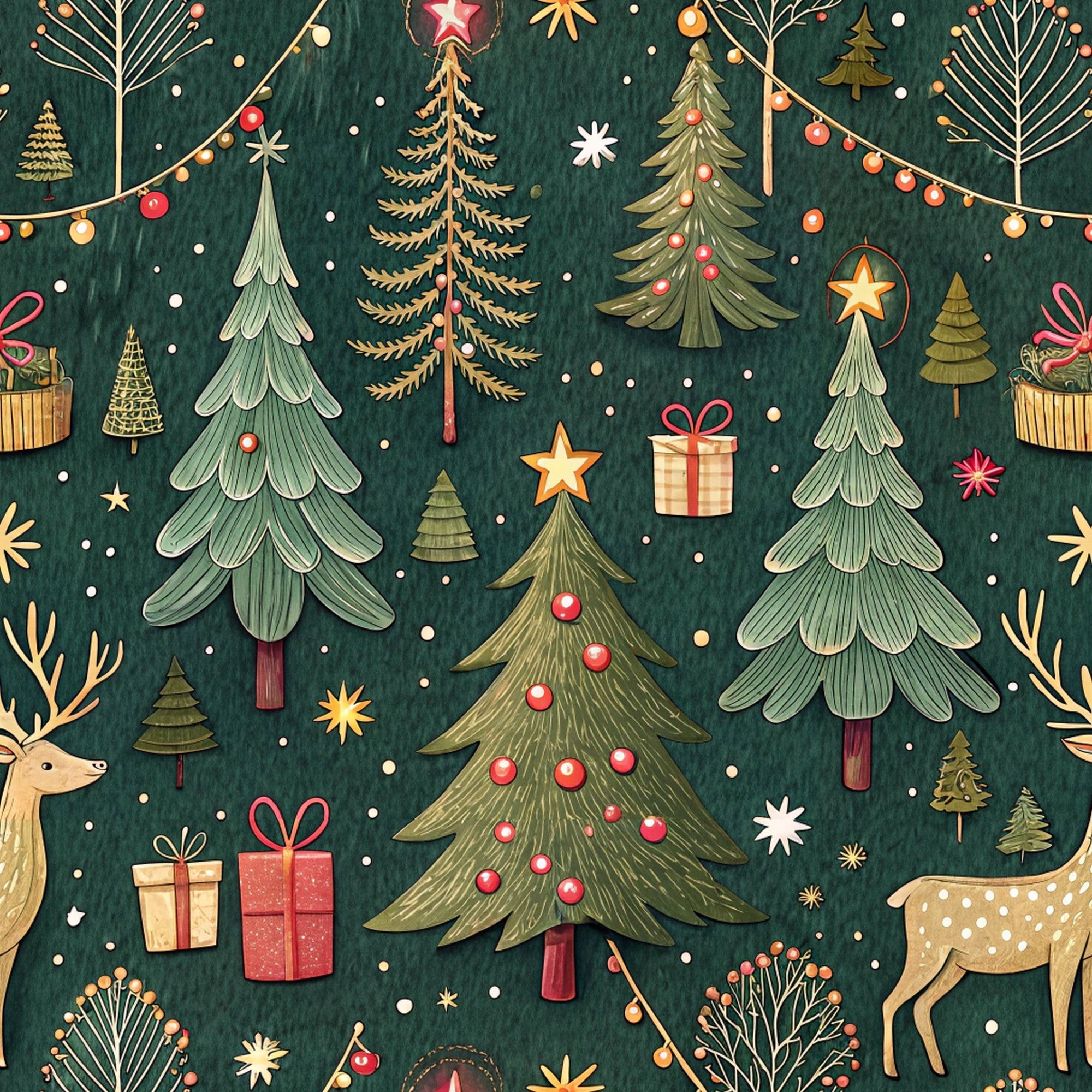 forest green, christmas trees, reindeer, gift boxes, string lights, ornaments, stars, snowflakes, red ornaments, gold accents, winter pattern, holiday fabric,, fabric panel, festive design, woodland christmas, decorated trees, present boxes, holiday lights, seasonal motifs