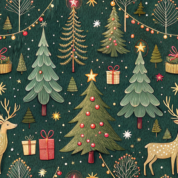 forest green, christmas trees, reindeer, gift boxes, string lights, ornaments, stars, snowflakes, red ornaments, gold accents, winter pattern, holiday fabric,, fabric panel, festive design, woodland christmas, decorated trees, present boxes, holiday lights, seasonal motifs