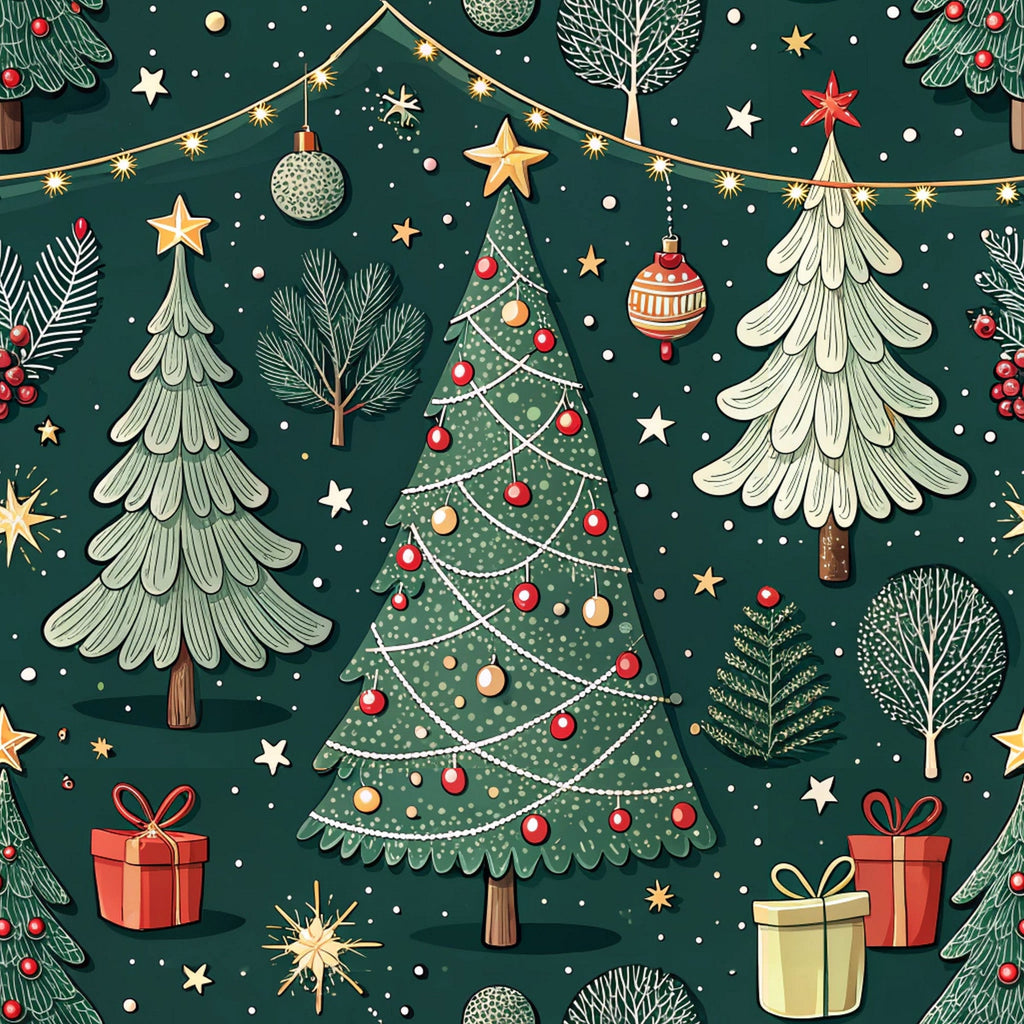forest green, deep green, red ornaments, gold accents, cream white, christmas trees, decorated trees, gift boxes, string lights, ornament baubles, evergreen branches, star toppers, winter branches, festive pattern, holiday theme,, fabric panel, whimsical illustration, seasonal motif, winter wonderland