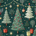 forest green, deep green, red ornaments, gold accents, cream white, christmas trees, decorated trees, gift boxes, string lights, ornament baubles, evergreen branches, star toppers, winter branches, festive pattern, holiday theme,, fabric panel, whimsical illustration, seasonal motif, winter wonderland