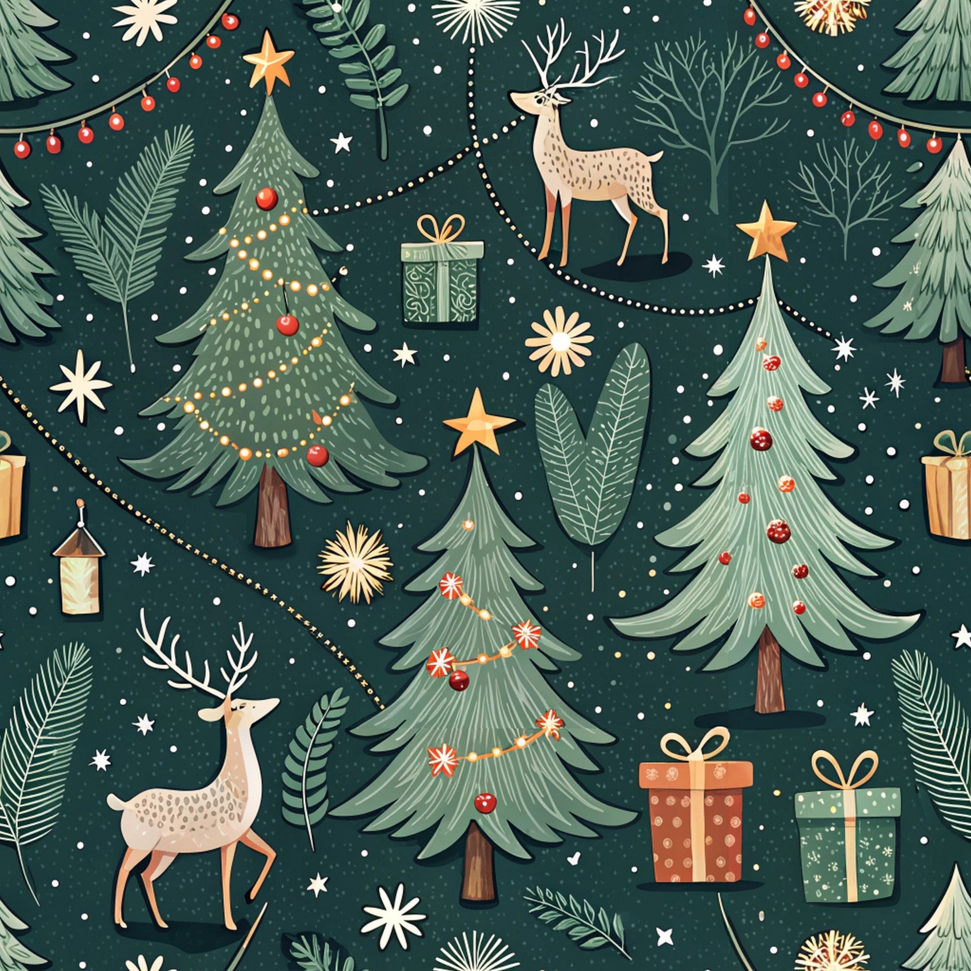 forest green, deep teal, cream, coral red, golden yellow, christmas trees, reindeer, gift boxes, string lights, snowflakes, pine branches, stars, ornaments, whimsical illustration, festive pattern, holiday motifs,, fabric panel, winter theme, seamless repeat, botanical elements, decorative garland