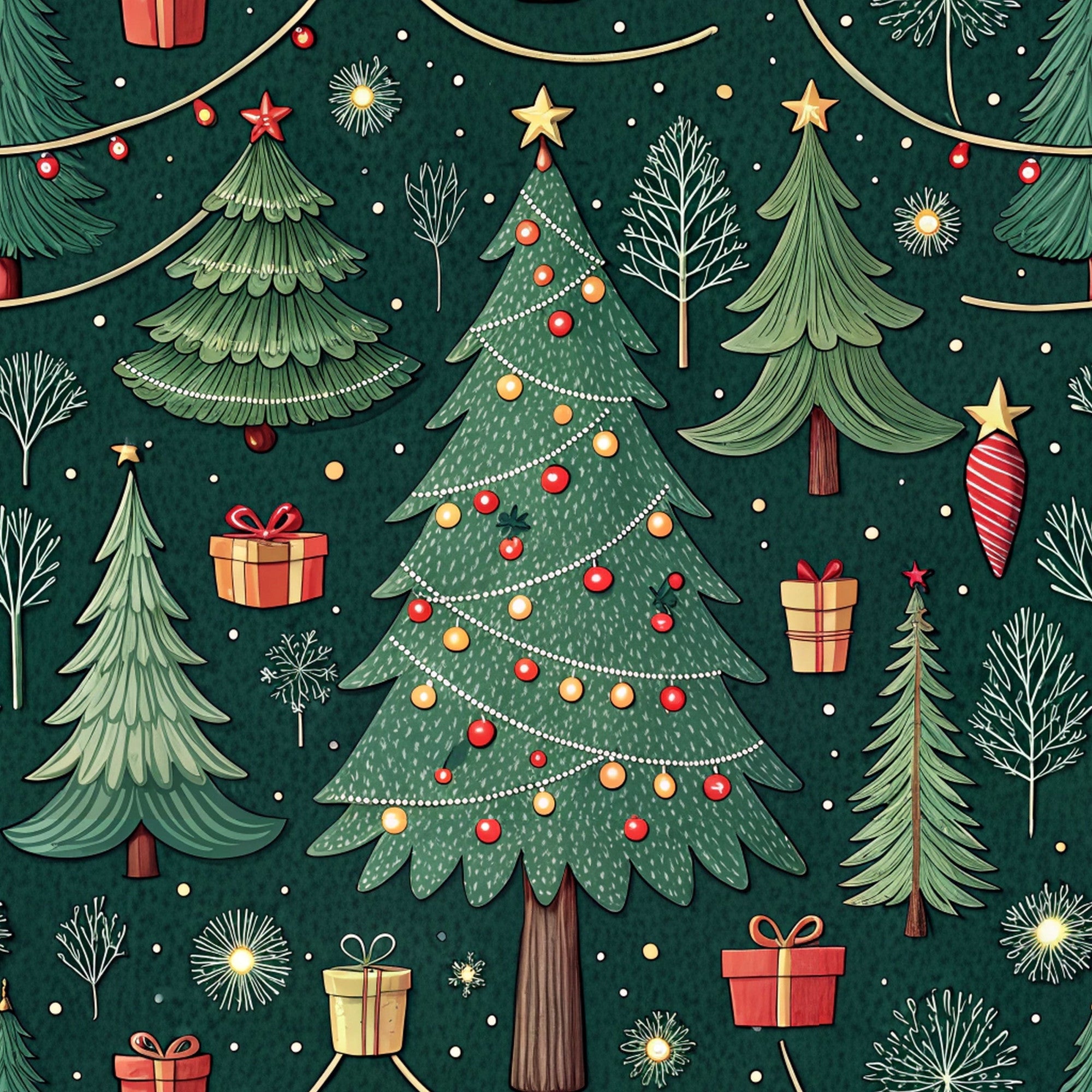 christmas trees, forest green, red ornaments, gold stars, gift boxes, string lights, winter branches, snowflakes,, fabric panel, holiday pattern, festive design, evergreen trees, christmas decorations, seasonal motif, dark green background, red ribbons, golden accents, winter wonderland, christmas ornaments