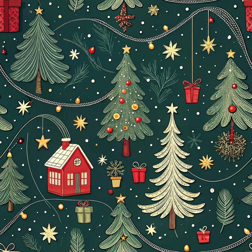 christmas trees, forest green, deep green, red ornaments, gold stars, white snowflakes, festive pattern, holiday motifs, winter scene, red house, gift boxes, pine branches, decorative garland,, fabric panel, whimsical illustration, seasonal design, christmas decorations, ornament balls, holiday lights