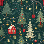 christmas trees, forest green, deep green, red ornaments, gold stars, white snowflakes, festive pattern, holiday motifs, winter scene, red house, gift boxes, pine branches, decorative garland,, fabric panel, whimsical illustration, seasonal design, christmas decorations, ornament balls, holiday lights