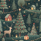 dark green, forest green, christmas trees, reindeer, string lights, cozy houses, winter scene, snowflakes, gift boxes, pine cones, stars, lanterns, whimsical illustration, holiday pattern,, fabric panel, festive design, woodland creatures, christmas ornaments, winter wonderland