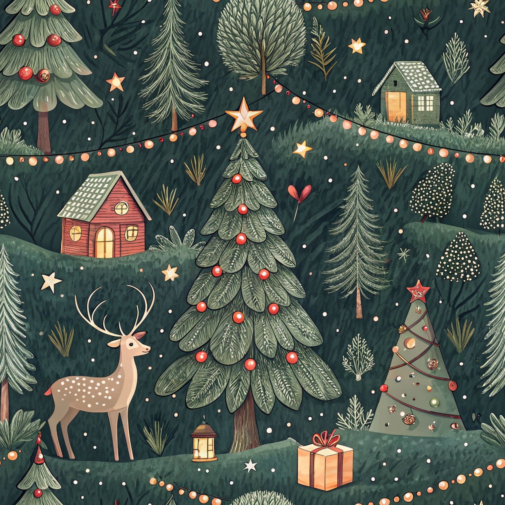 dark green, forest green, christmas trees, reindeer, string lights, cozy houses, winter scene, snowflakes, gift boxes, pine cones, stars, lanterns, whimsical illustration, holiday pattern,, fabric panel, festive design, woodland creatures, christmas ornaments, winter wonderland