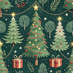 christmas trees, forest green, red ornaments, gold stars, gift boxes, pine branches, festive garland, holiday lights, winter pattern,, fabric panel, seamless repeat, decorative baubles, cream ribbons, evergreen foliage, seasonal motif, christmas decorations, holiday crafting, cotton fabric, festive design