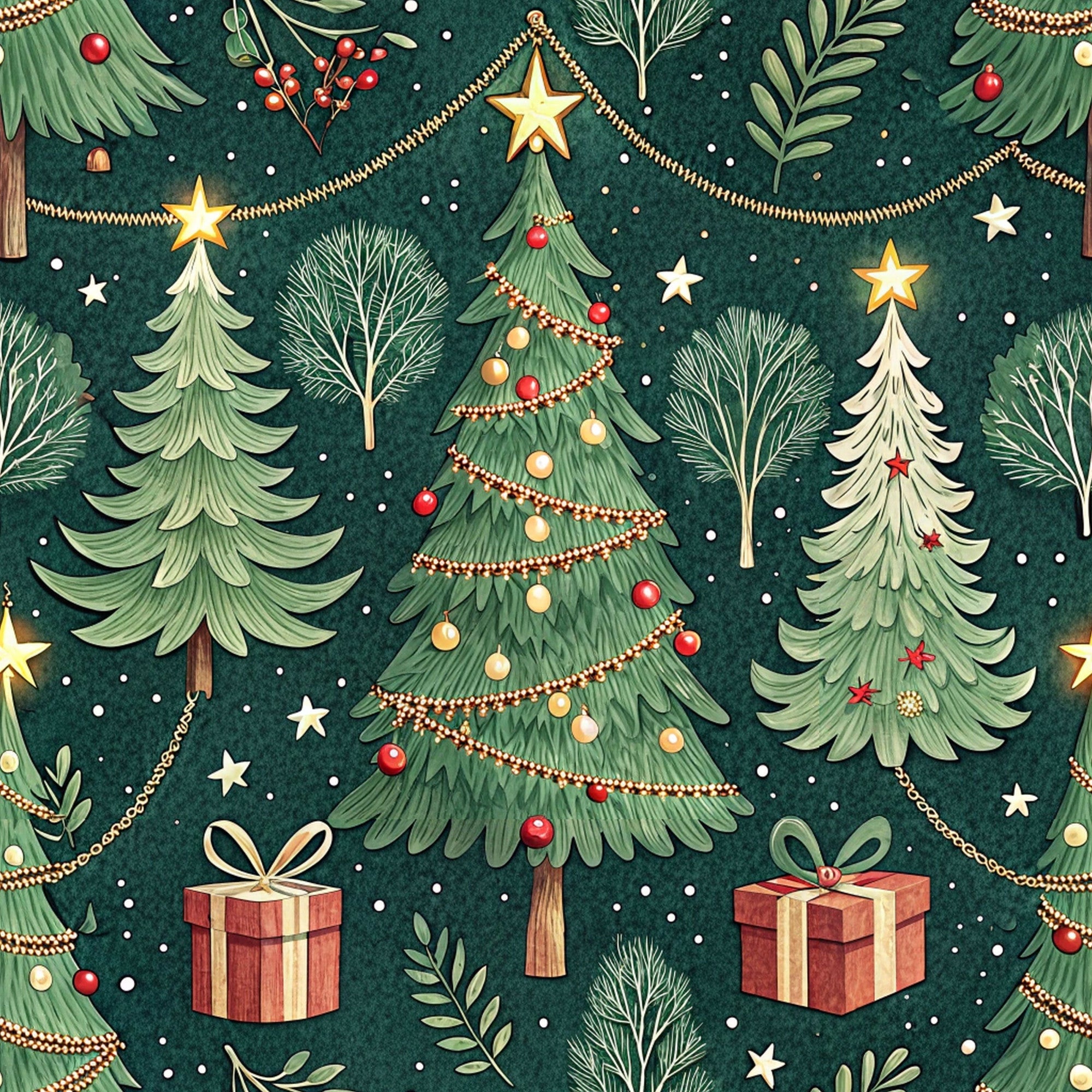 christmas trees, forest green, red ornaments, gold stars, gift boxes, pine branches, festive garland, holiday lights, winter pattern,, fabric panel, seamless repeat, decorative baubles, cream ribbons, evergreen foliage, seasonal motif, christmas decorations, holiday crafting, cotton fabric, festive design