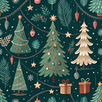 christmas trees, dark green background, forest green, coral red, cream, beige, holiday ornaments, gift boxes, garland, string lights, snowflakes, pine branches, festive pattern, winter theme,, fabric panel, decorative baubles, star toppers, presents, holiday motifs, seamless repeat, botanical elements
